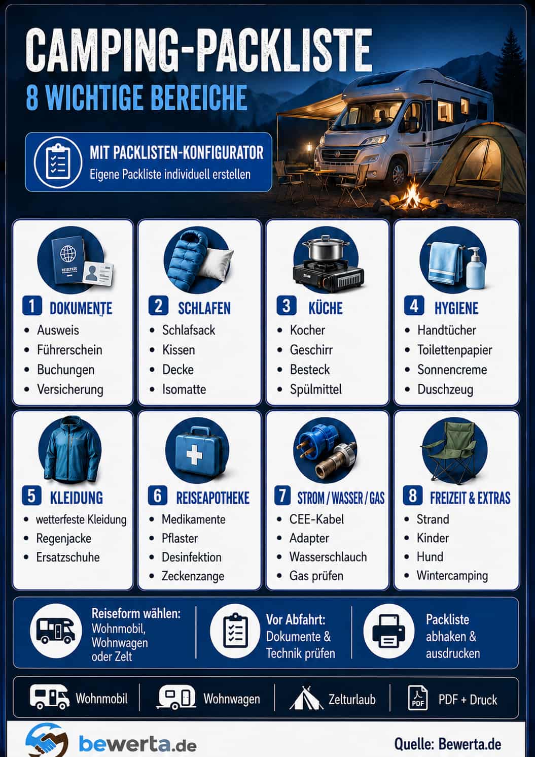 Camping-Packliste mit 8 Bereichen für Wohnmobil, Wohnwagen, Zelt und Packlisten-Konfigurator