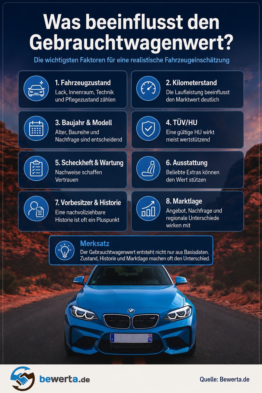 Infografik zu den wichtigsten Faktoren für den Gebrauchtwagenwert