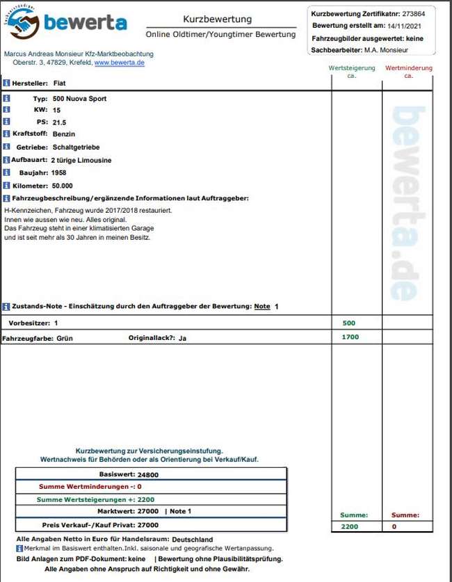 Wertgutachten Kurzgutachten Fiat 500 Nuova Sport